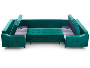 Miniaturka 10 - Narożnik turkusowy welurowy w kształcie U z otwartymi pojemnikami na pościel