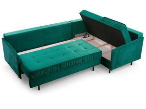 Miniaturka 8 - Turkusowy narożnik welurowy w kształcie L z otwartym pojemnikiem na pościel