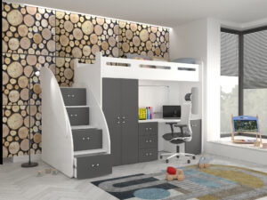 Miniaturka 9 - Łóżko piętrowe z biurkiem i szafą Noelis