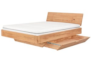 Miniaturka 3 - Dębowe łóżko z materacem szufladą otwartą i skośnym zagłówkiem perspektywa