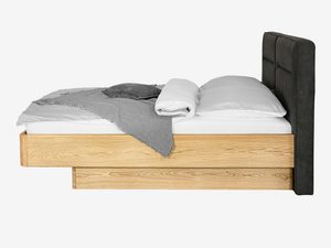 Miniaturka 1 - Łóżko dębowe z pościelą i tapicerowanym zagłówkiem grafitowym profil boczny