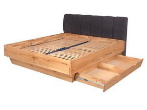Miniaturka 1 - Łóżko dębowe ze stelażem listwowym szufladą otwartą i zagłówkiem grafitowym