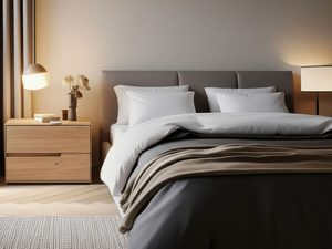 Miniaturka 7 - Dębowa szafka nocna z dwoma szufladami w eleganckiej sypialni aranżacja