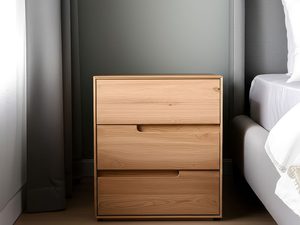 Miniaturka 7 - Komoda dębowa z trzema szufladami wycięte uchwyty przy łóżku aranżacja