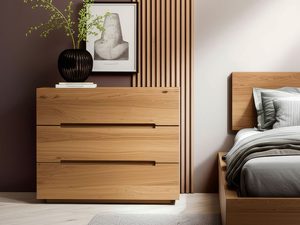 Miniaturka 9 - Komoda dębowa z trzema szufladami w nowoczesnej sypialni aranżacja