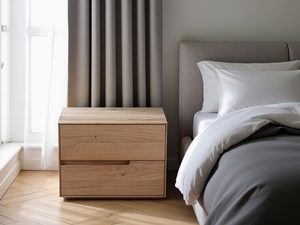 Miniaturka 6 - Szafka nocna dębowa z dwoma szufladami przy łóżku w sypialni aranżacja