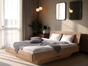 Miniaturka 7 - Dębowe łóżko z szufladą i skośnym zagłówkiem w eleganckiej sypialni brązowej