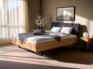 Miniaturka 19 - Łóżko dębowe z tapicerowanym zagłówkiem grafitowym w jasnej sypialni aranżacja