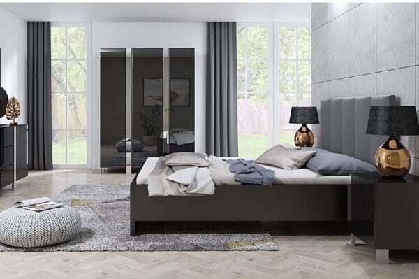 Nowoczesna sypialnia grafitowa z łóżkiem tapicerowanym i szafą z lustrem