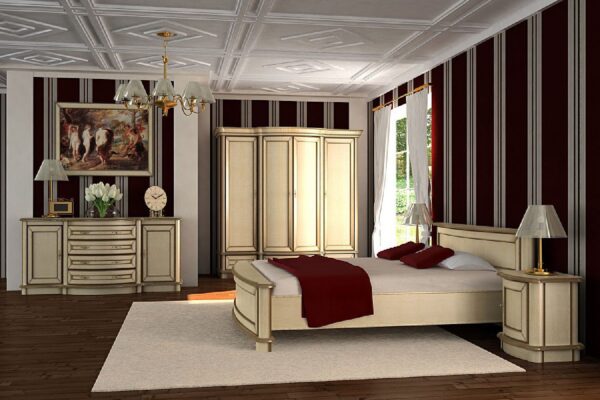 Sypialnia klasyczna kremowa z łóżkiem szafą i komodą z bordową pościelą