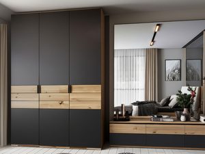 Miniaturka 3 - Szafa grafitowa z dębowymi szufladami w sypialni z lustrem i komodą aranżacja