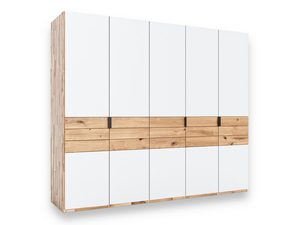 Miniaturka 1 - Biała szafa z pięcioma drzwiczkami i dębowymi szufladami perspektywa