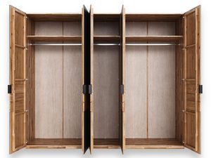 Miniaturka 2 - Dębowa szafa jasna szeroka czterodrzwiowa otwarta wnętrze półki drążek