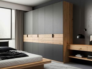 Miniaturka 5 - Grafitowa szafa z dębowymi szufladami w szarej sypialni z toaletką aranżacja
