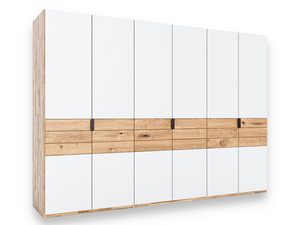 Miniaturka 1 - Biała szafa z sześcioma drzwiczkami i dębowymi szufladami perspektywa