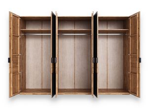 Miniaturka 2 - Szafa grafitowa z dębowymi szufladami otwarta wnętrze drążki półki