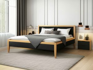 Miniaturka 7 - Dębowe łóżko z zagłówkiem grafitowym w sypialni szarej z szafką nocną aranżacja