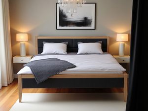 Miniaturka 6 - Łóżko dębowe z zagłówkiem grafitowym w eleganckiej sypialni z lampami aranżacja
