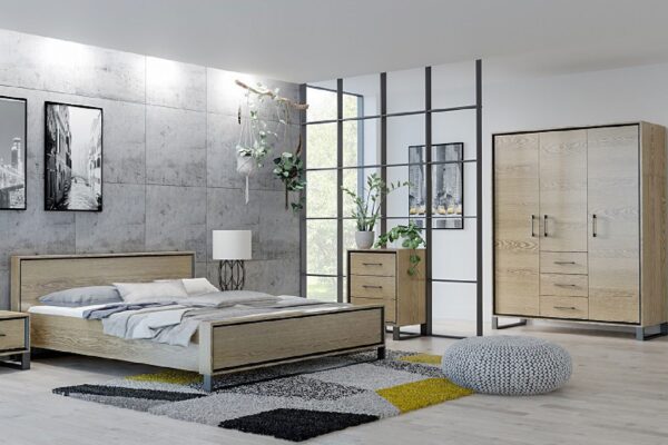 Sypialnia loftowa z meblami dębowymi jasnymi i betonową ścianą