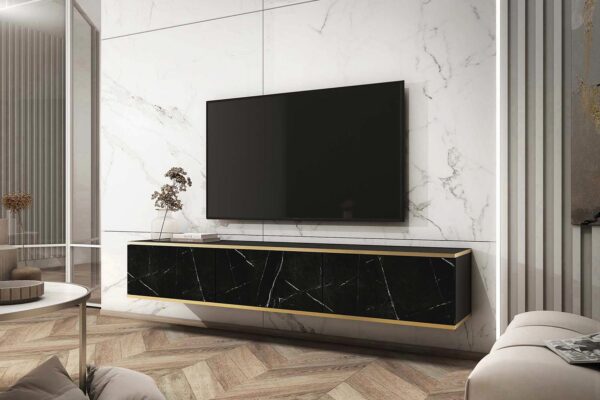 Szafka RTV wisząca czarna z efektem marmuru i złotymi akcentami