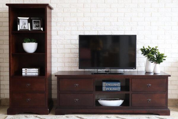 Ciemne meble mahoniowe szafka RTV z szufladami i regał z półkami