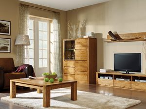 Miniaturka 7 - Meble salonowe dębowe bursztynowe z highboardem i szafką RTV