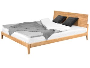 Miniaturka 1 - Dębowe łóżko z pościelą i drewnianym zagłówkiem skośnym perspektywa