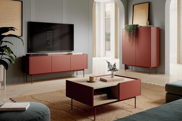 Salon z ceglastymi meblami szafką RTV komodą i stolikiem kawowym