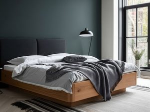 Miniaturka 3 - Łóżko dębowe z zagłówkiem grafitowym w ciemnej sypialni z zielonymi ścianami