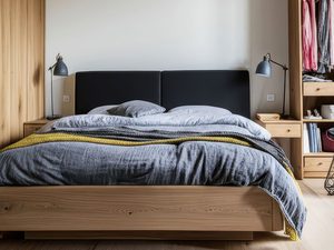 Miniaturka 6 - Dębowe łóżko z zagłówkiem grafitowym w przytulnej sypialni z garderobą