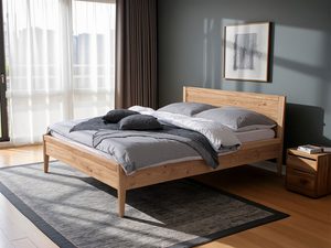 Miniaturka 10 - Łóżko dębowe z wysokim zagłówkiem w szarej sypialni elegancka aranżacja