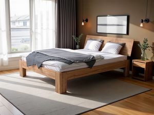 Miniaturka 15 - Łóżko dębowe z pościelą w brązowej sypialni z szafkami nocnymi aranżacja