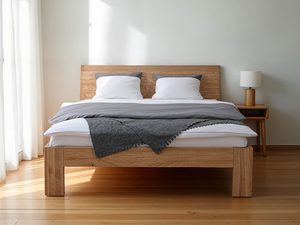 Miniaturka 16 - Dębowe łóżko z pościelą w jasnej sypialni minimalistycznej aranżacja