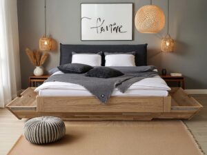 Miniaturka 10 - Dębowe łóżko z szufladami otwartymi i poduszką grafitową w sypialni boho