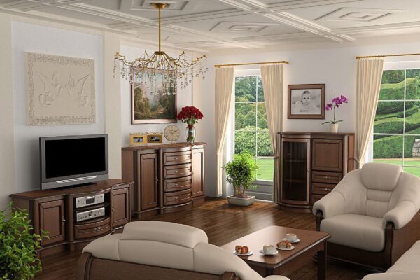 Elegancki salon klasyczny z meblami orzechowymi i kremowymi fotelami