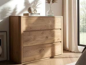 Miniaturka 10 - Dębowa komoda z trzema szufladami w jasnej sypialni aranżacja