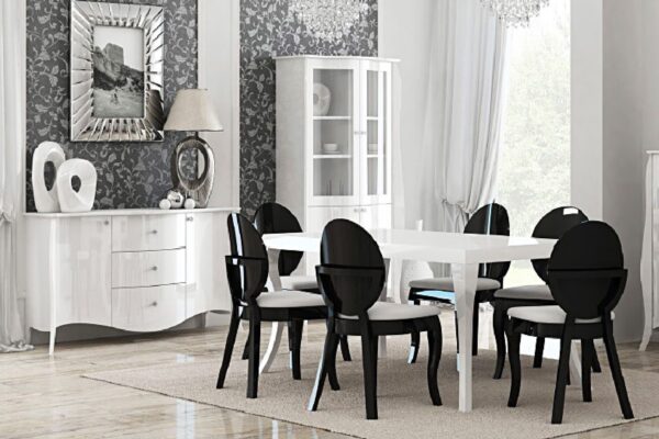 Jadalnia glamour z białymi meblami stołem i czarnymi krzesłami okrągłymi