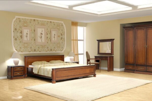 Klasyczna sypialnia z meblami orzechowymi łóżkiem szafą i toaletką