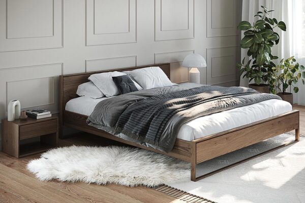 Nowoczesna sypialnia z łóżkiem orzechowym minimalistycznym i szafką nocną
