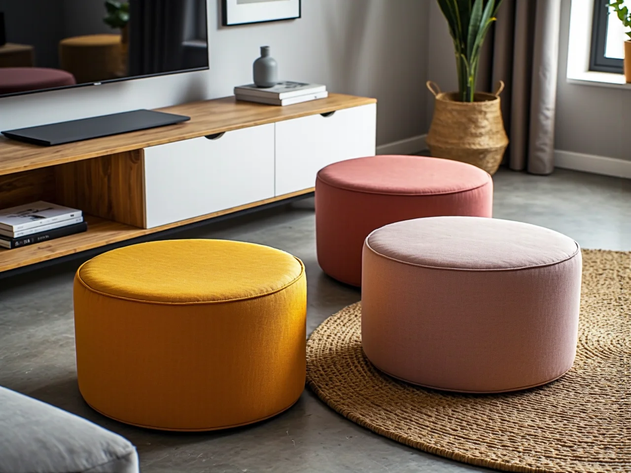 Funkcjonalna aranżacja małej przestrzeni z pufą służącą jako dodatkowe siedzisko i podnóżek