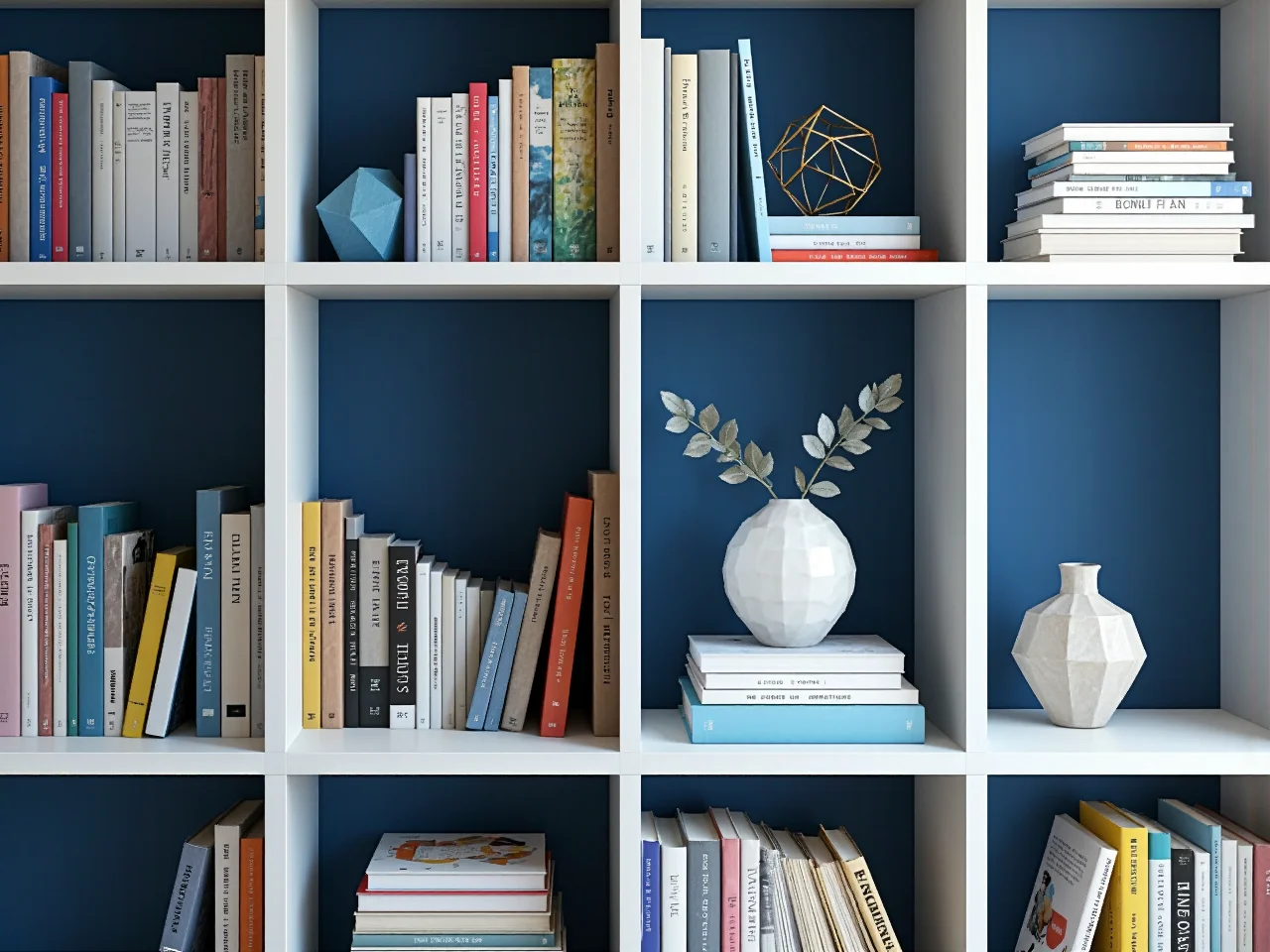 Stylowa aranżacja regału młodzieżowego łącząca książki, segregatory oraz modne dekoracje i gadżety