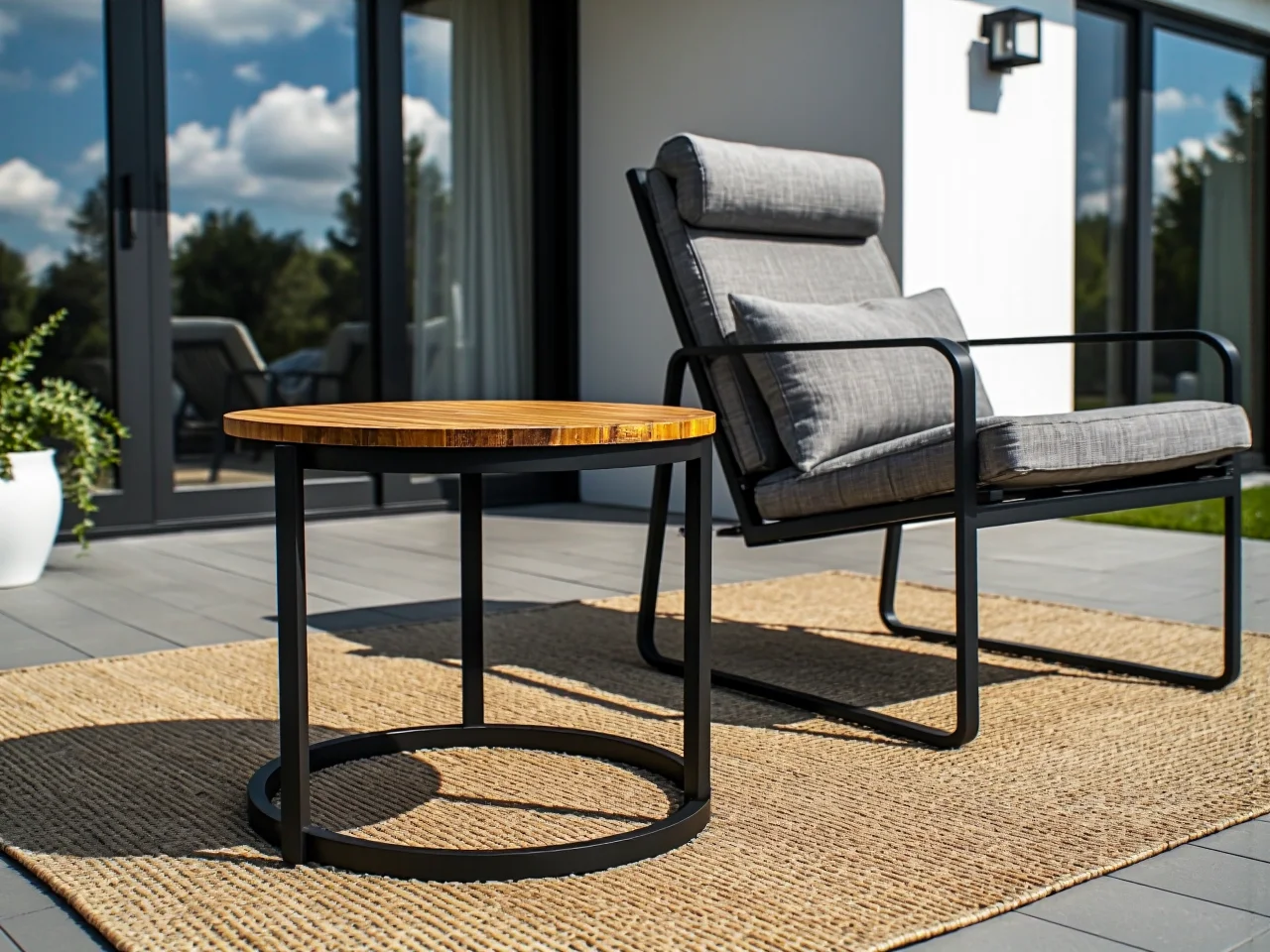Stylowa aranżacja tarasu z trwałymi meblami przygotowanymi na deszcz i niskie temperatury.
