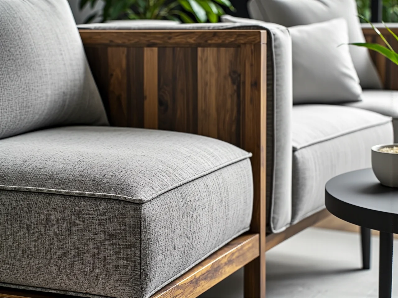 Nowoczesna aranżacja tarasu z gotowym do użytku zestawem mebli wypoczynkowych i dodatkami.