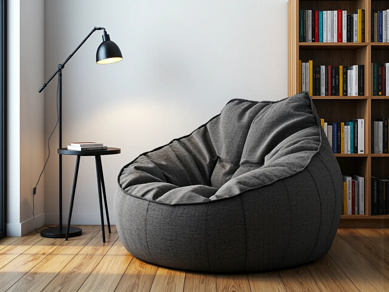 Przytulna aranżacja kącika czytelniczego z wygodną pufą i stolikiem kawowym