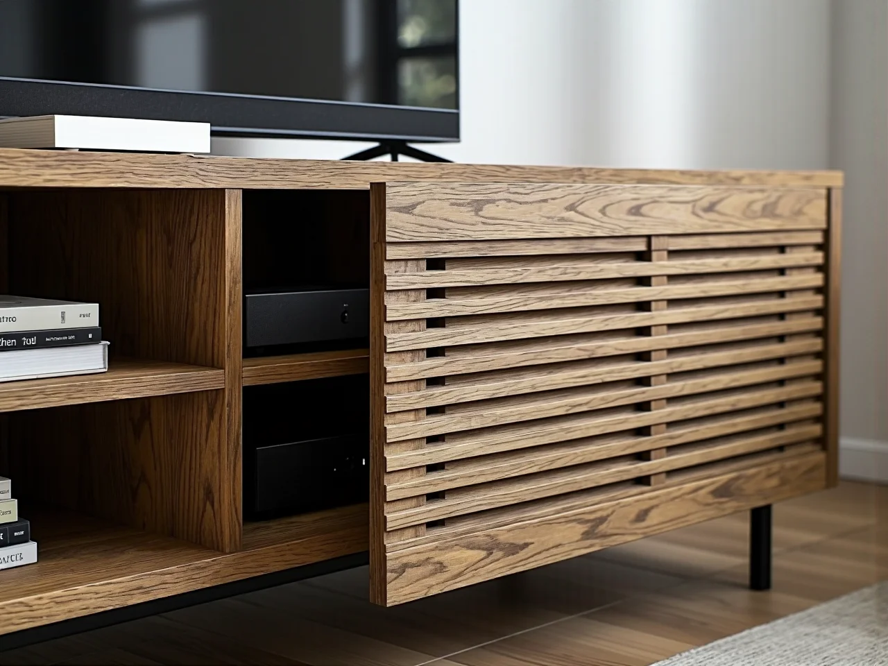 Detal białej szafki RTV, widoczne frezowane fronty i stylowe uchwyty meblowe.