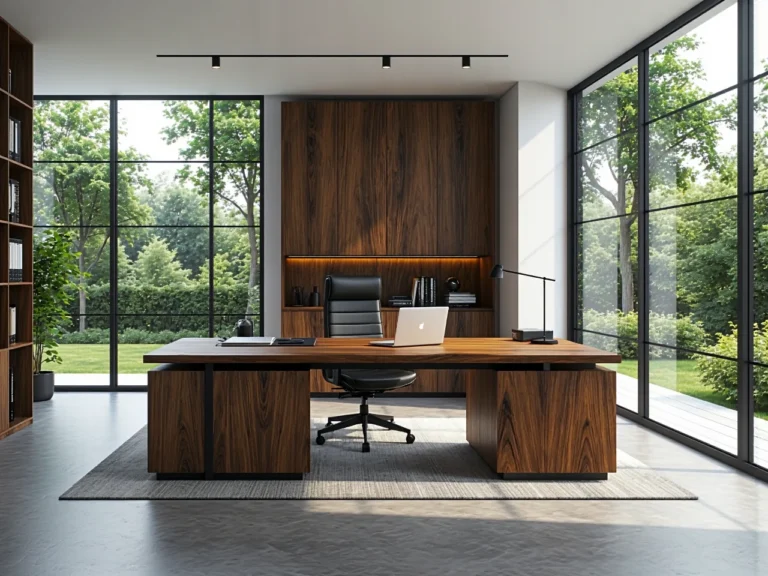 Eleganckie biurko gabinetowe orzech z nadstawką i oświetleniem LED