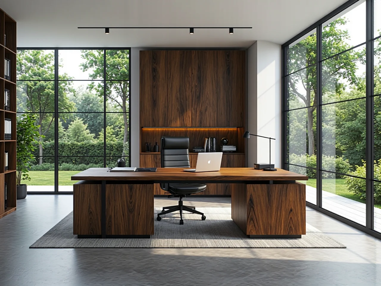 Eleganckie biurko gabinetowe orzech z nadstawką i oświetleniem LED
