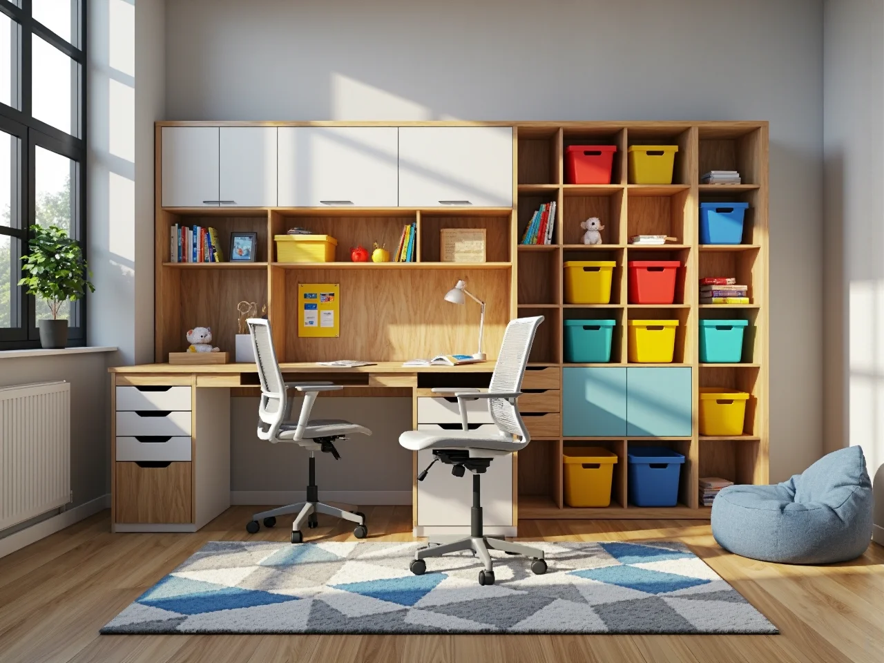 Biurko dziecięce dąb z białymi szufladami i nadstawką z półkami