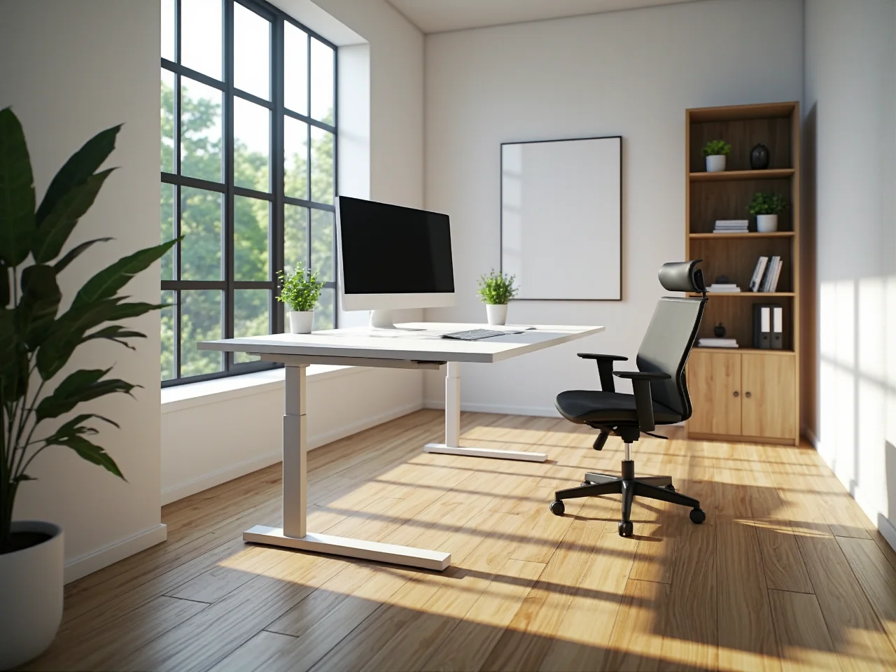 Białe biurko regulowane z elektrycznym podnoszeniem blatu