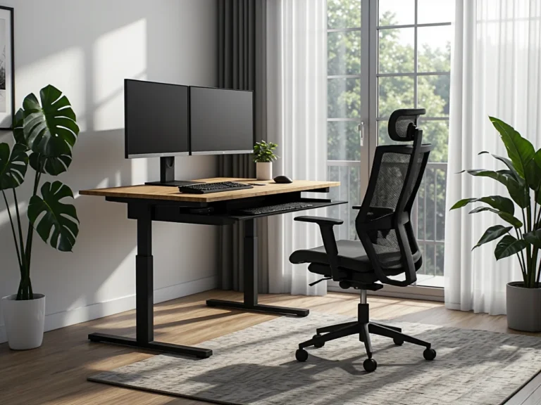 Biurko regulowane elektrycznie z blatem dębowym i czarną ramą